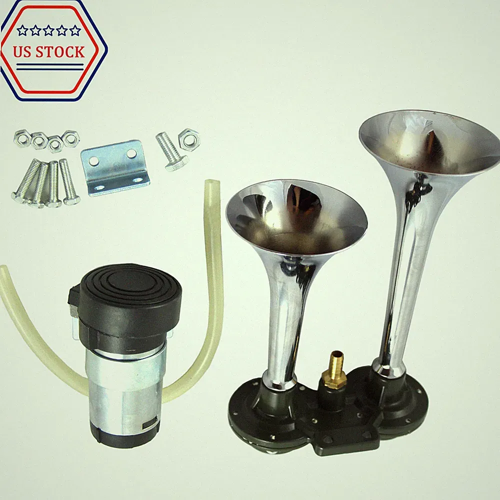 12V 135DB Chrome Dual Trumpet Compact Air Horn Compressor Car Truck Brand New