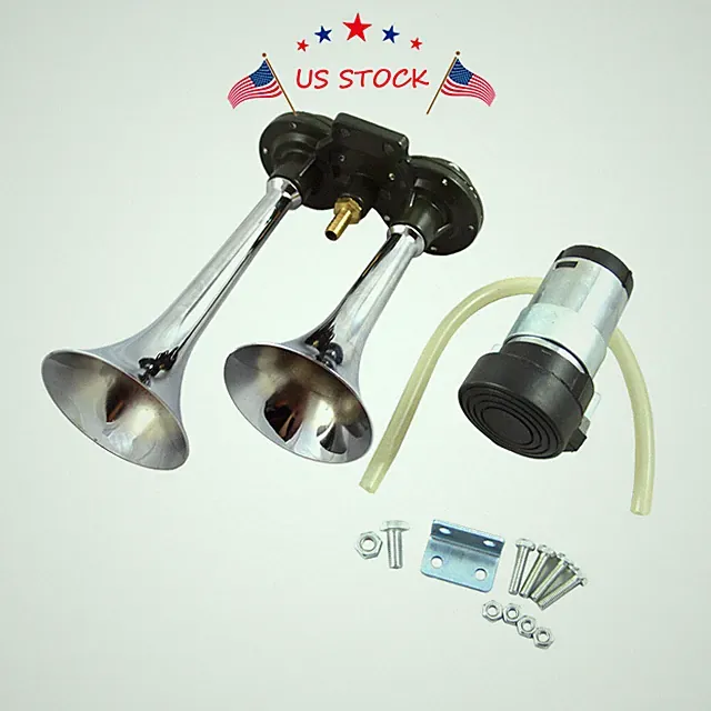 12V Chrome Dual Trumpet Compact Air Horn Compressor 135dB 12 volt Car Truck USA