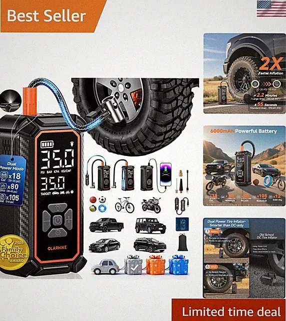 6000mAh Tire Inflator with Digital Pressure Gauge & LED - Compact & Travel Ready