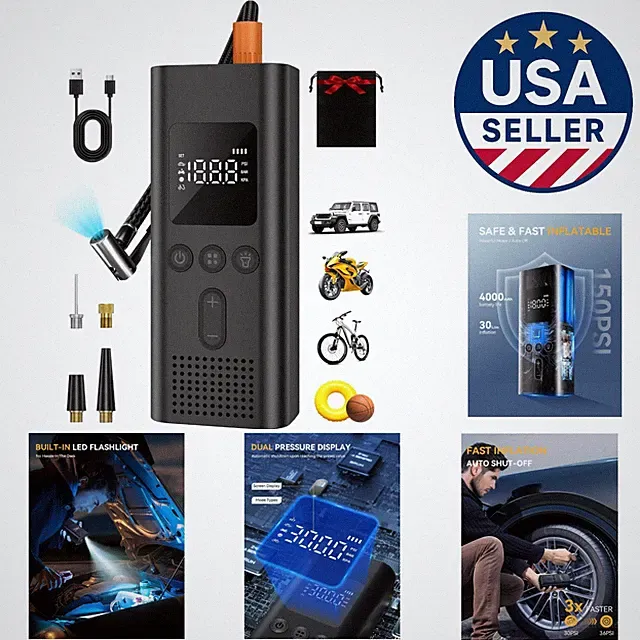 Compact 150 PSI Cordless Tire Inflator with Auto Shut-Off - Ideal for Road Trips