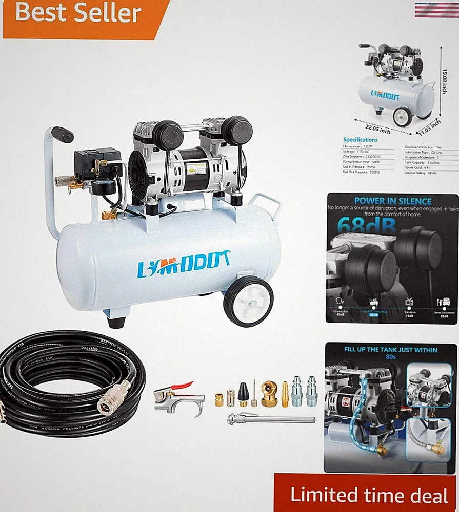 Compact 5 Gallon Oil-Free Air Compressor - 1.2 HP with 68dB Whisper Operation