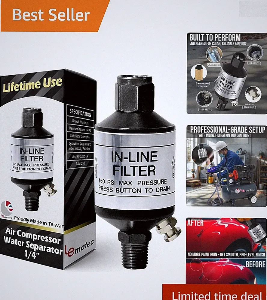 Compact Air Compressor Moisture Separator with Easy Drain for Pneumatic Tools