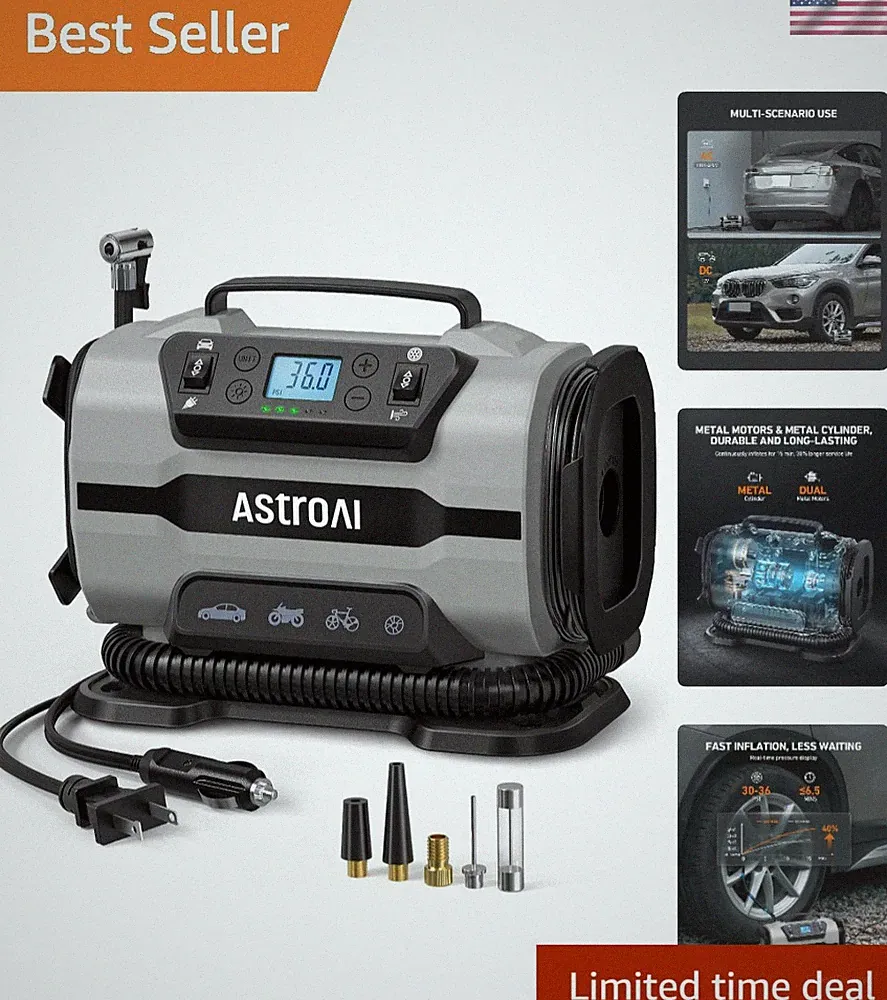 Compact Air Compressor Pump 150PSI with LED Light for Car Tires & Air Mattresses