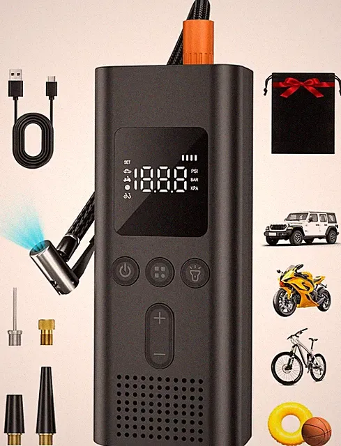 Compact and Lightweight Tire Inflator: Auto Shut-Off with LED Light Features
