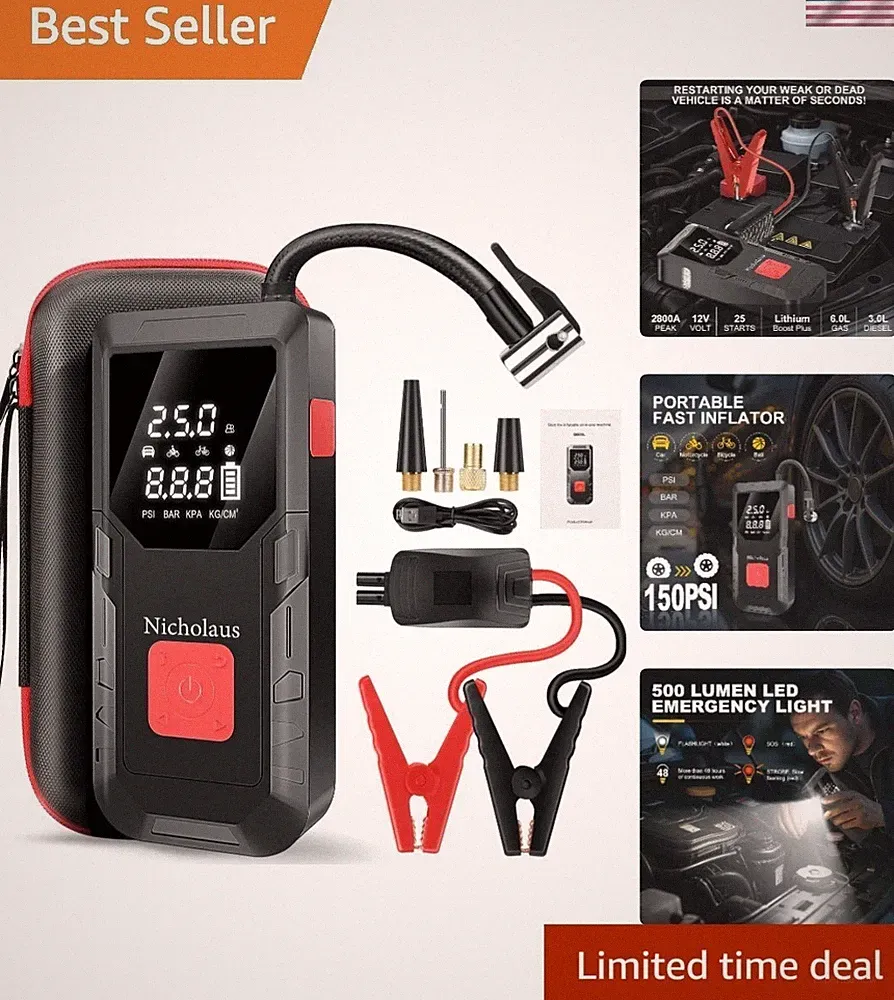 Compact & Safe 8000mAh Jump Starter with 150 PSI Air Compressor for All Vehicles
