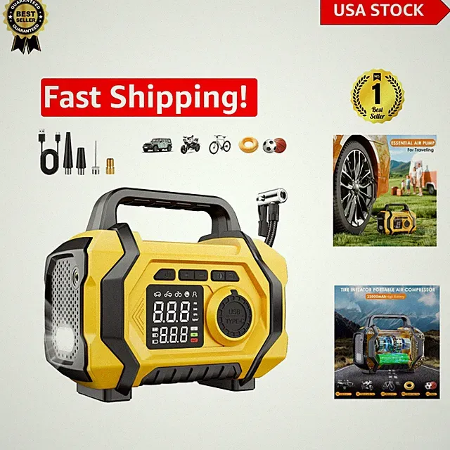 Compact Tire Inflator with Rechargeable Battery & Multi-nozzle Functionality