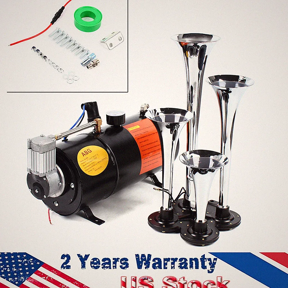 For Truck Car Loud System 4 Trumpets Train Horn Kit w/150psi Air Compressor