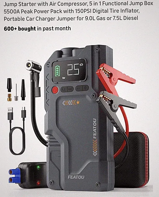 Jump Starter with Air Compressor 5500A Peak 150PSI Tire Inflator 5 in 1 Car